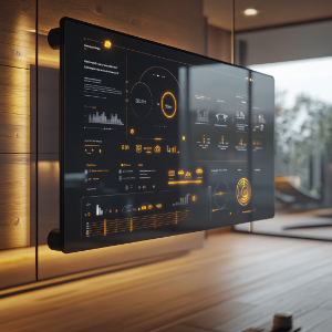 لوحات التحكم الرقمية ومراقبة الأداء المؤسسي شاشة ذكية معلّقة على الحائط تعرض لوحة تحكم رقمية متقدمة ضمن منصة تشغيل ذكي، تحتوي على مؤشرات أداء ورسوم بيانية ترمز إلى المراقبة الذكية وتحليل البيانات في بيئة مؤسسية حديثة.