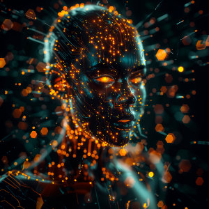 A digital human face formed by glowing data points and light particles, representing AI within an autonomous IT operations platform.