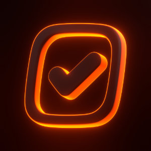 A glowing orange checkmark icon inside a square frame, symbolizing approval, verification, and standards compliance.