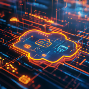 A glowing digital cloud icon connected to a data network, representing cloud integration within operational intelligence solutions.