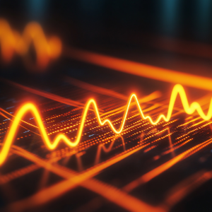 A glowing digital chart displaying fluctuating data waves, representing performance monitoring and real-time analytics within operational intelligence solutions.