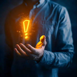 A person holding a glowing exclamation mark symbol, representing alerts, risk management, and smart warning systems in digital environments.