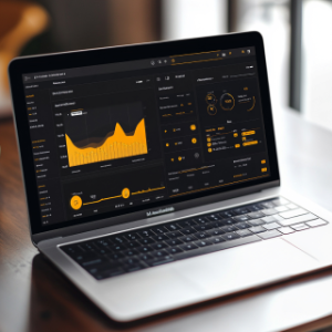 A laptop displaying an analytics dashboard with charts and performance metrics, symbolizing data analysis, performance monitoring, and data-driven decision-making.