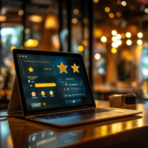 A laptop displaying a star-based customer rating dashboard, symbolizing customer satisfaction measurement and digital service quality analysis.
